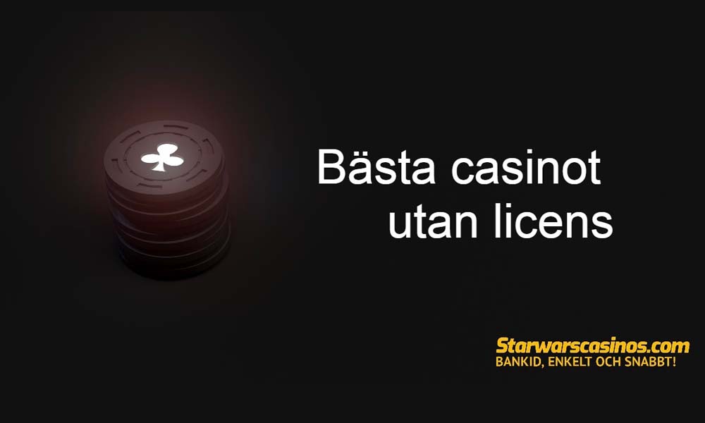 Stack av kasinomarker upplyst med en klöversymbol på en mörk bakgrund med svensk text "bästa casino utan licens" som indikerar "bästa olicensierade casino.