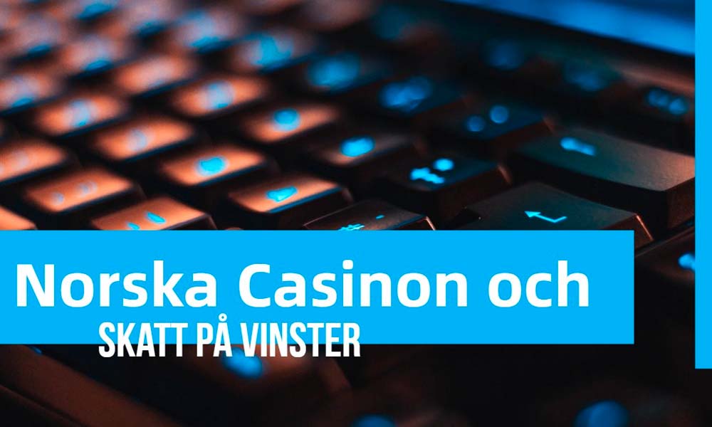 Bakgrundsbelyst datortangentbord med svensk textöverlägg läsning "norska casinon" som indikerar en diskussion om norska kasinon.