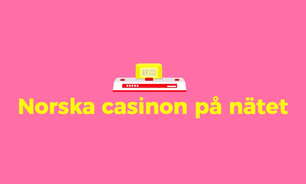Online norska casinon på nätet reklamgrafik med minimalistisk design på rosa bakgrund.
