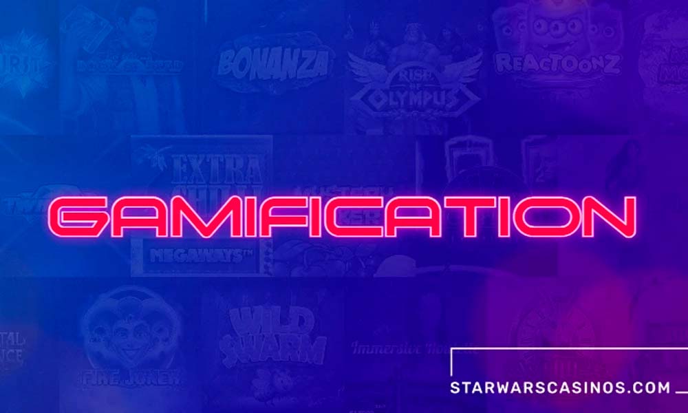 Neonskylt-stil text som läser "gamification" mot ett suddigt collage av gamification-relaterade bilder.