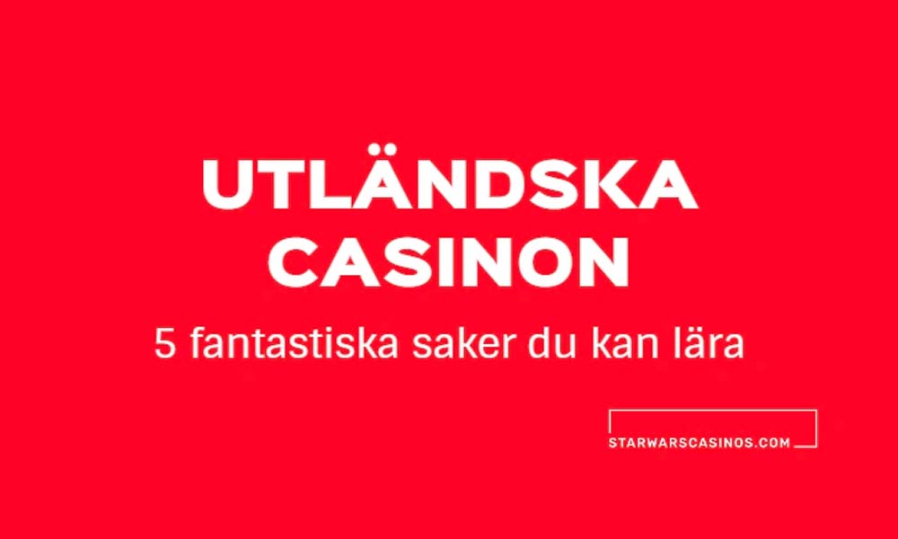 Text på svenska på en röd bakgrund reklam för utländska casinon, och markera "5 fantastiska saker du kan lära dig," med en webbplats listad nedan.