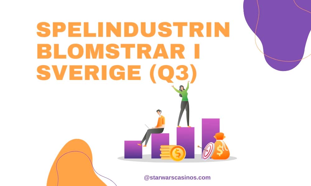 Grafisk illustration av två personer med diagram och mynt som marknadsför "speldustarscasinos blomstarr i svenska spelbranschen växer (q3)" från starwarscasinos