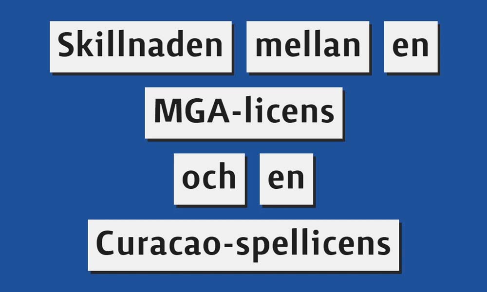 Vit text på blå bakgrund som beskriver skillnaden mellan en MGA-licens och en Curacao-spellicens på svenska.