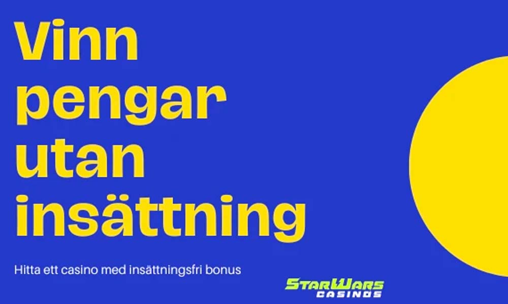 Blå och gul reklam med svensk text som främjar chansen att vinna pengar med en minsta insättning på 10 kr, med ett Star Wars kasinomärke.
