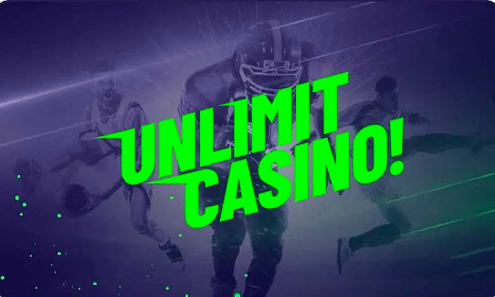 Grafisk design som främjar "Unlimit Casino" med dynamiska sportbilder i bakgrunden, inklusive recensioner av Unlimit Casino och Unlimit Sportsbook.