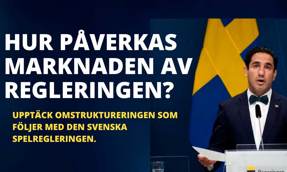 Man håller en presentation med svensk text om marknadspåverkan av svenska spelregleringen.