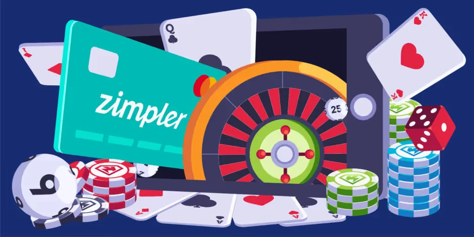 Illustration av olika spelelement inklusive spelkort, pokermarker, tärningar, ett roulettehjul och ett casino med zimpler-kreditkort.