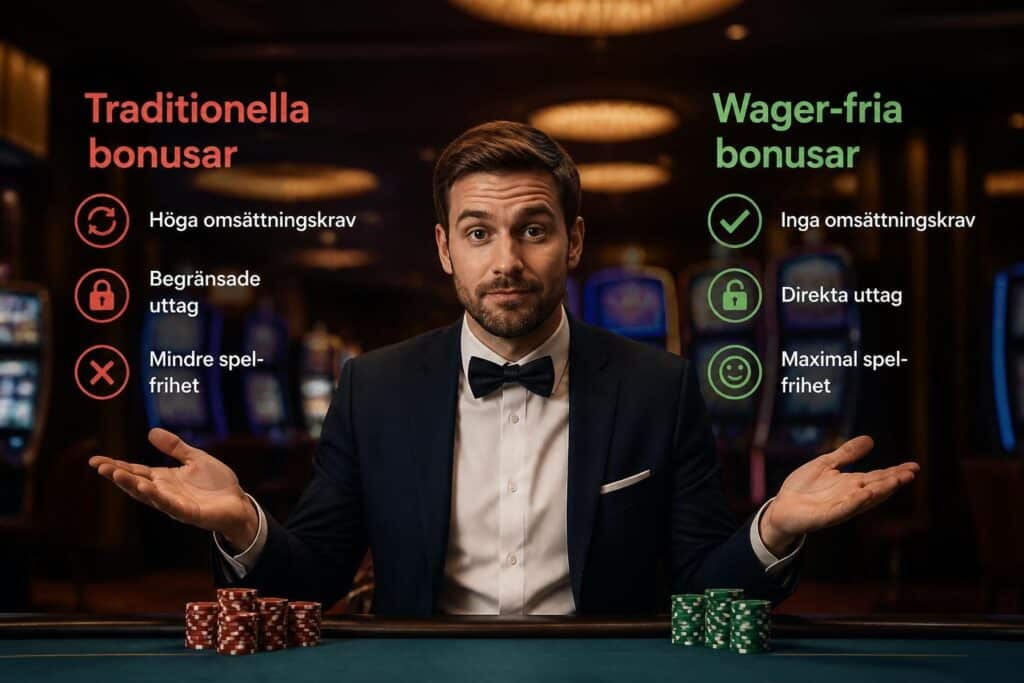 Casino utan omsättningskrav – vad 0x betyder och vad du ska kontrollera 1 Illustration som jämför bonusar med och utan omsättningskrav.
